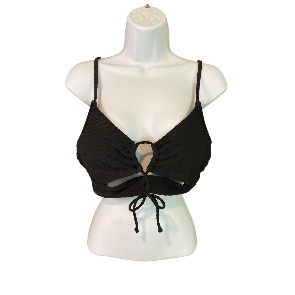Black Textured Adjustable Bikini Top Tie Front Spaghetti Straps Goth